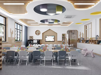 Kindergarten Classroom Interior With Wooden Ceiling Tables Chairs Colorful Blocks And TV 3d model