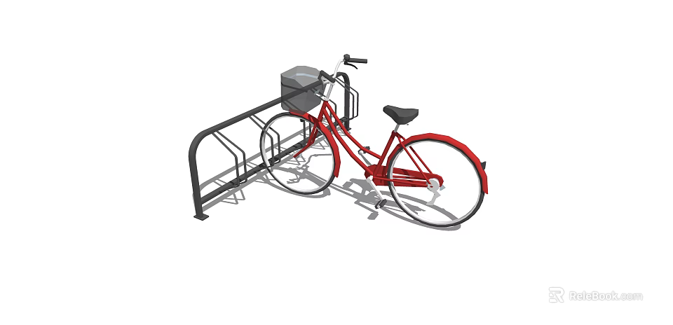 Red Bicycle Secured On Black Metal Bike Rack With Storage Basket 3d model 