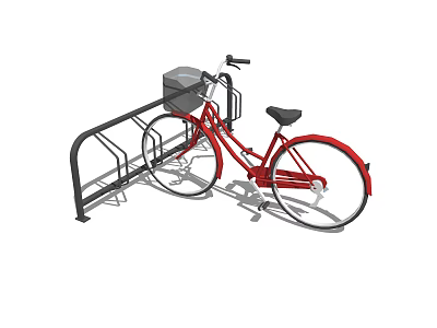 Red Bicycle Secured On Black Metal Bike Rack With Storage Basket 3d model