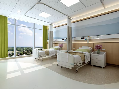 Modern Hospital Outpatient Ward With Two Beds Bright Windows Green View And Medical Equipment 3d model