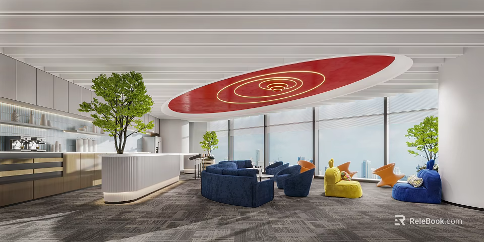 Modern Lounge Area With Blue Sofa Yellow Accent Chairs Large Windows And Red Circular Ceiling 3d model