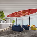 Modern Lounge Area With Blue Sofa Yellow Accent Chairs Large Windows And Red Circular Ceiling 3d model