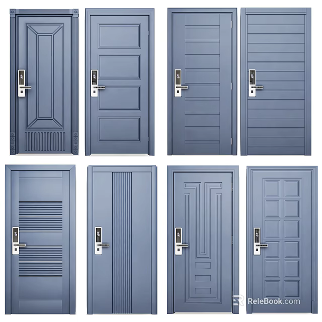 Modern Swing Doors With Various Panel Designs And Metal Handles 3d model
