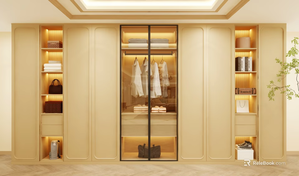 Modern Wardrobe Interior Design With Glass Door Open Shelves And Clothing Storage 3d model 