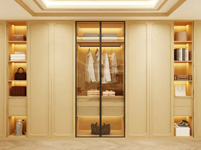 Modern Wardrobe Interior Design With Glass Door Open Shelves And Clothing Storage 3d model