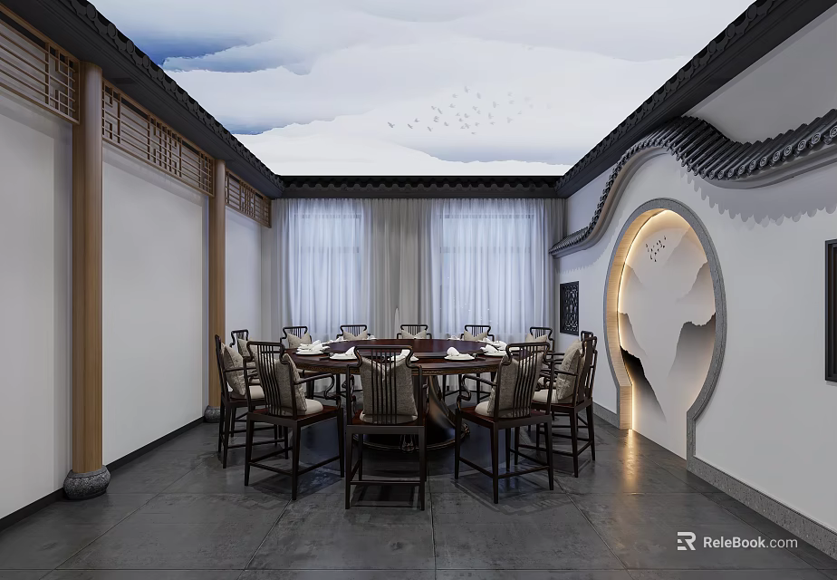 Elegant Chinese Private Dining Room With Round Table Dining Chairs And Decorative Ceiling Windows 3d model