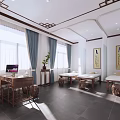 Chinese Style Relaxation Room With Wooden Furniture Blue Curtains And Calligraphy Scrolls