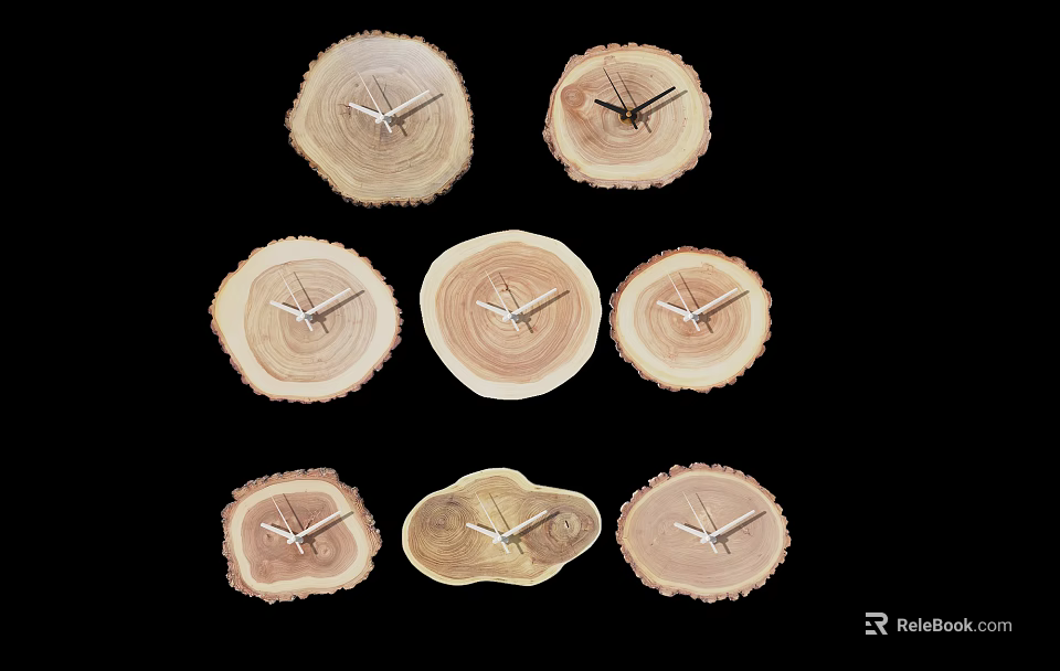 Seven Different Shaped Wooden Stump Clocks With Metal Hands On Black Background 3d model 