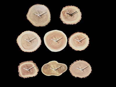 Seven Different Shaped Wooden Stump Clocks With Metal Hands On Black Background 3d model