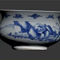 Blue And White Porcelain Basin With Traditional Landscape Patterns And Ornamental Ceramic Art