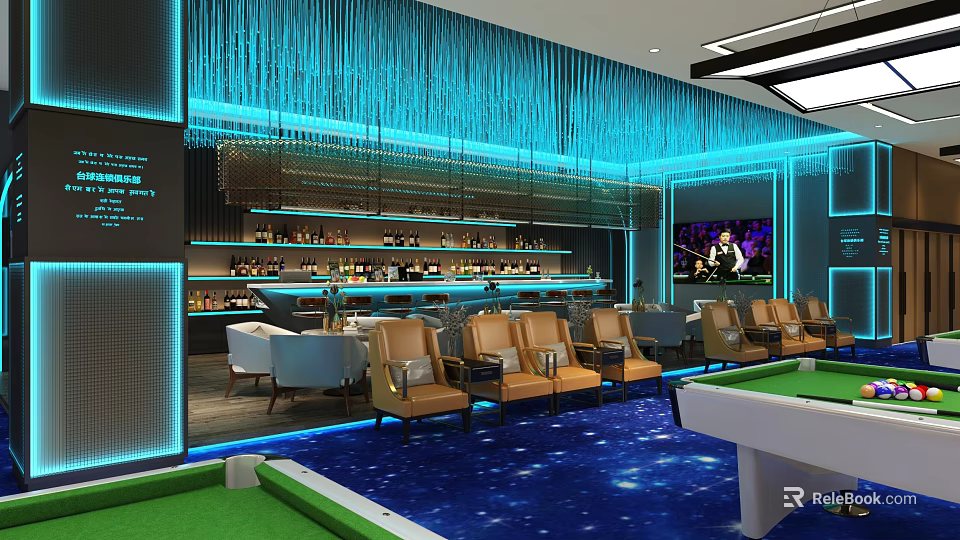 Modern Billiard Room Interior With Blue Lighting Bar Counter Comfortable Seats And Pool Table 3d model 