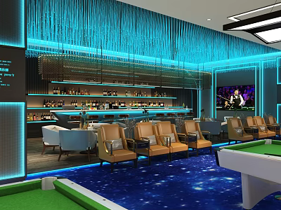 Modern Billiard Room Interior With Blue Lighting Bar Counter Comfortable Seats And Pool Table 3d model