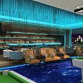 Modern Billiard Room Interior With Blue Lighting Bar Counter Comfortable Seats And Pool Table
