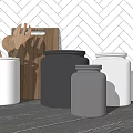 Wooden Kitchen Utensils And Storage Jars On Dark Countertop With Herringbone Tile Wall