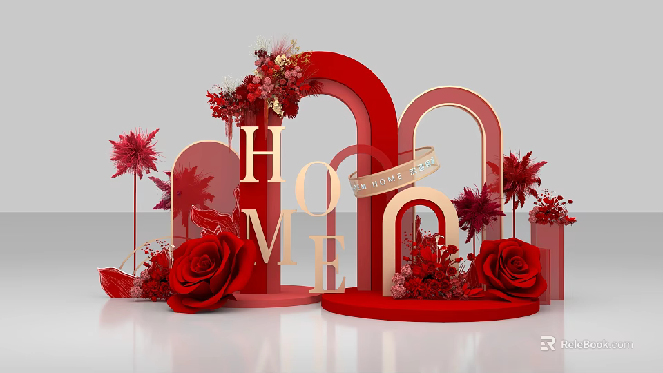 Red Themed Art Installation With Golden HOME Letters Red Arches Roses And Forever Love Ribbon 3d model 
