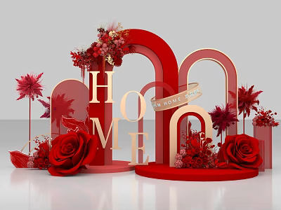Red Themed Art Installation With Golden HOME Letters Red Arches Roses And Forever Love Ribbon 3d model