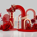 Red Themed Art Installation With Golden HOME Letters Red Arches Roses And Forever Love Ribbon