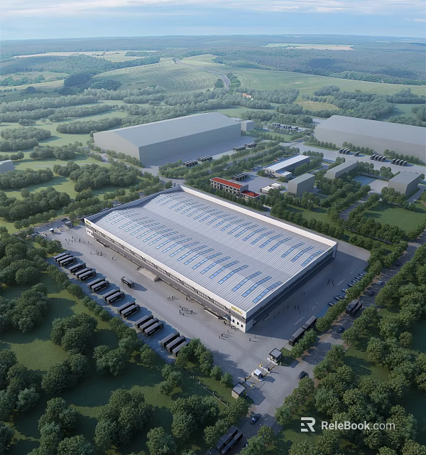 Modern Industrial Factory Building With Large Roof Green Surroundings And Logistics Parking Area 3d model 