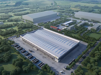 Modern Industrial Factory Building With Large Roof Green Surroundings And Logistics Parking Area 3d model