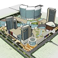 Modern Commercial Complex with Tall Buildings Central Plaza Water Features and Landscaped Areas
