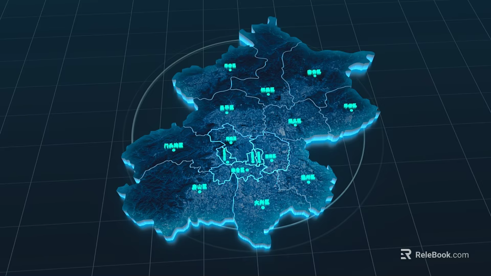 Digital Geographic Map With Illuminated Blue Outline And Green Data Markers 3d model 
