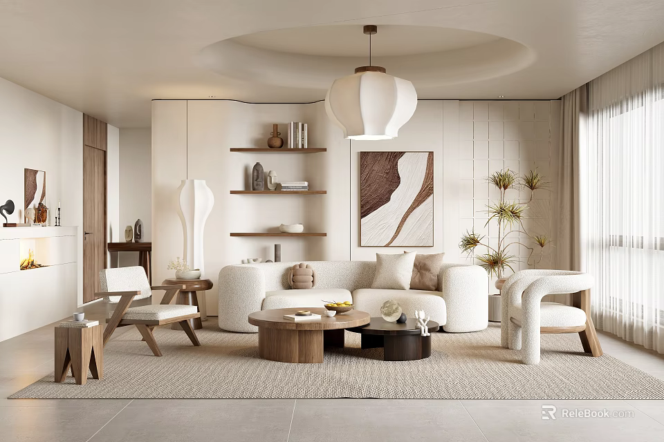 Minimalist Modern Living Room Interior Design With White Sofa Wooden Coffee Table And Decorative Art 3d model 