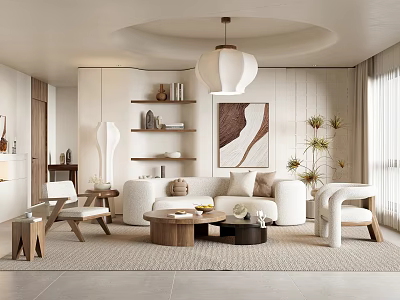 Minimalist Modern Living Room Interior Design With White Sofa Wooden Coffee Table And Decorative Art 3d model