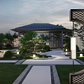 Modern Courtyard Garden With Cherry Blossom Trees Pond Pavilion And Lawn