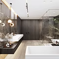 Modern Bathroom Interior Featuring Glass Shower Freestanding Bathtub Double Vanity And Forest View