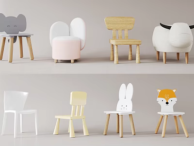 Cute Animal Shaped Children's Chairs With Wooden Legs And Colorful Designs For Kids 3d model