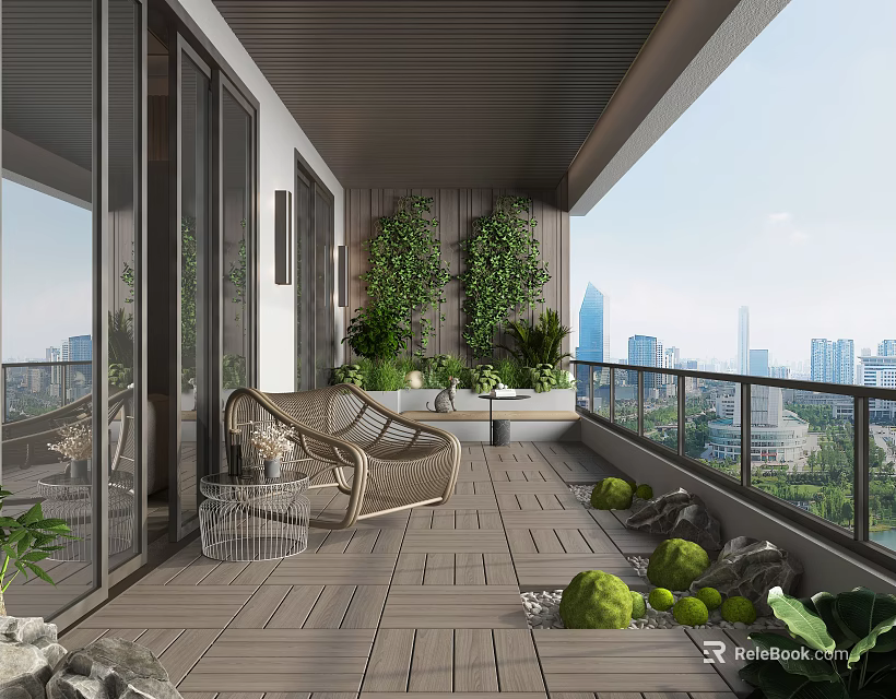 Modern Home Balcony With Wooden Flooring Rattan Sofa Green Plant Wall And City View 3d model 