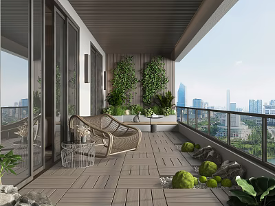 Modern Home Balcony With Wooden Flooring Rattan Sofa Green Plant Wall And City View 3d model