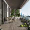 Modern Home Balcony With Wooden Flooring Rattan Sofa Green Plant Wall And City View
