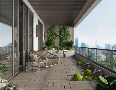 Modern Balcony Home Garden Balcony Villa Balcony Green Planting Flower Box Leisure Rattan Chair Wall Lamp Green Planting Wall Guardrail 3d model