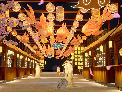 Ancient Commercial Street With Cherry Blossoms Lanterns Fish Shaped Decorations And People In Traditional Costumes 3d model