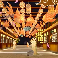 Ancient Commercial Street With Cherry Blossoms Lanterns Fish Shaped Decorations And People In Traditional Costumes 3d model