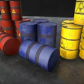 Industrial Storage Drums Featuring Red Blue And Gray Colors Stacked Tilted With Yellow Warning Labels