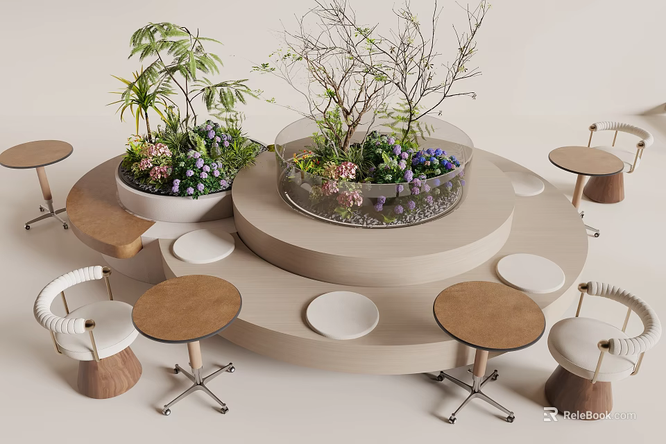 Booth Sofa With Round Display Platform Green Plants Small Round Tables And Chairs 3d model 