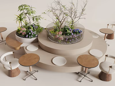 Booth Sofa With Round Display Platform Green Plants Small Round Tables And Chairs 3d model