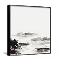 Traditional Chinese Ink Wash Landscape Painting With Mountains Water Boats Pagoda And Trees