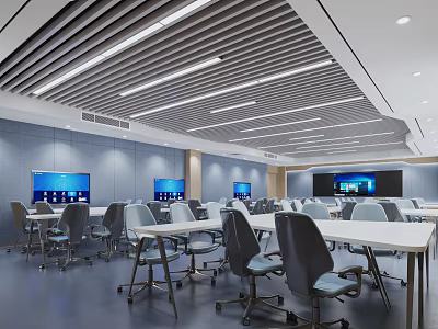 Modern School Classroom With Tables Chairs Large Screens And Linear Ceiling Lights 3d model