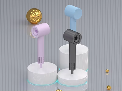 Colorful Handheld Daily Electrical Appliances in Pink Blue Black with White Stands and Golden Balls 3d model