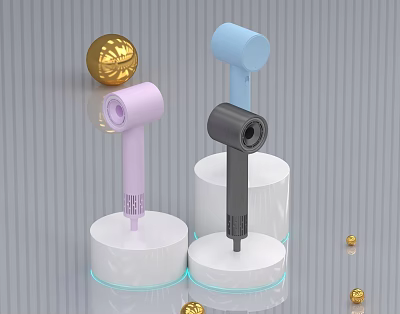 Colorful Handheld Daily Electrical Appliances in Pink Blue Black with White Stands and Golden Balls 3d model