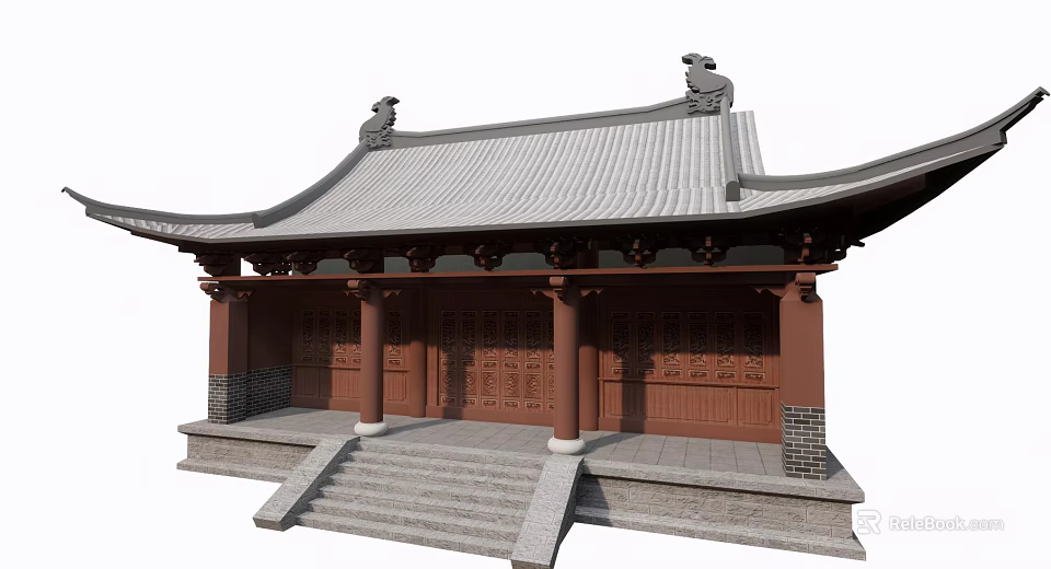 Ancient Chinese Architecture With Gray Tiled Roof Featuring Roof Beasts Red Pillars And Stone Steps 3d model 