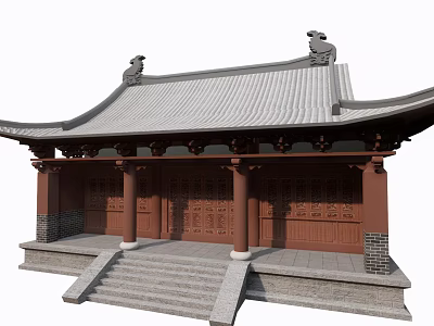 Ancient Chinese Architecture With Gray Tiled Roof Featuring Roof Beasts Red Pillars And Stone Steps 3d model