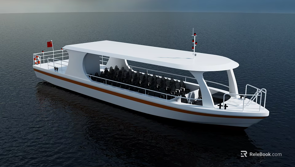White Passenger Boat With Orange Stripe On Calm Sea Featuring Seats And Flag 3d model 