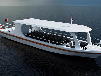 White Passenger Boat With Orange Stripe On Calm Sea Featuring Seats And Flag 3d model