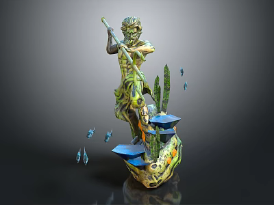 Artistic Decorative Statue With Green Yellow Colors Holding Long Staff And Cacti Blue Fish 3d model