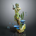 Artistic Decorative Statue With Green Yellow Colors Holding Long Staff And Cacti Blue Fish