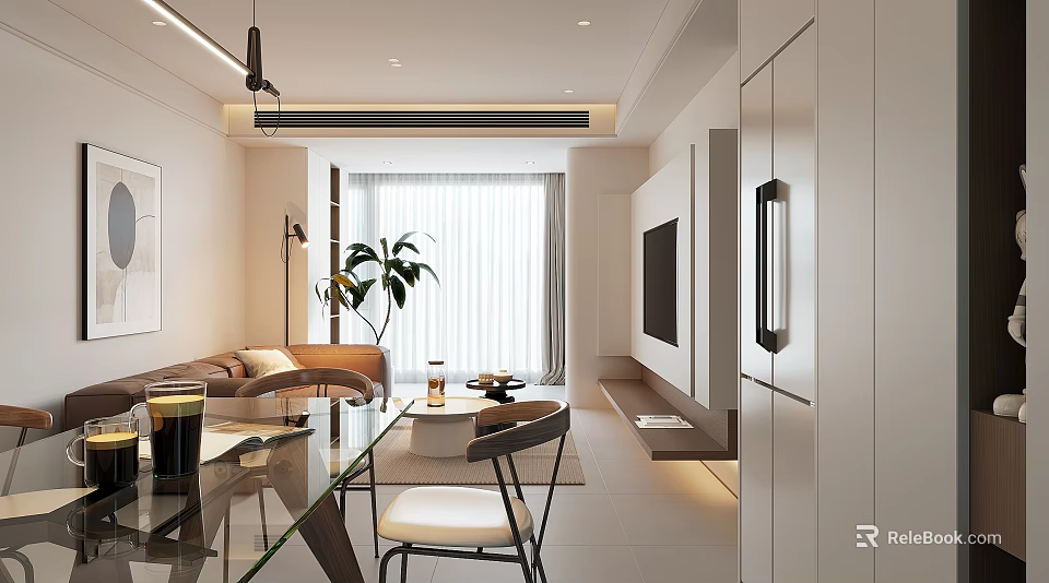 Modern Living Dining Area Interior Design With Sofa Coffee Table Dining Chairs TV And Plant 3d model 